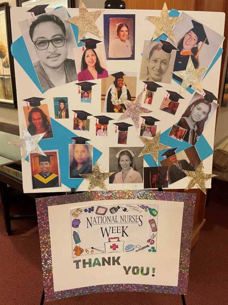 Bulletin board with snapshots of nursing staff at The Tamalpais. "national nurses week. Thank You"