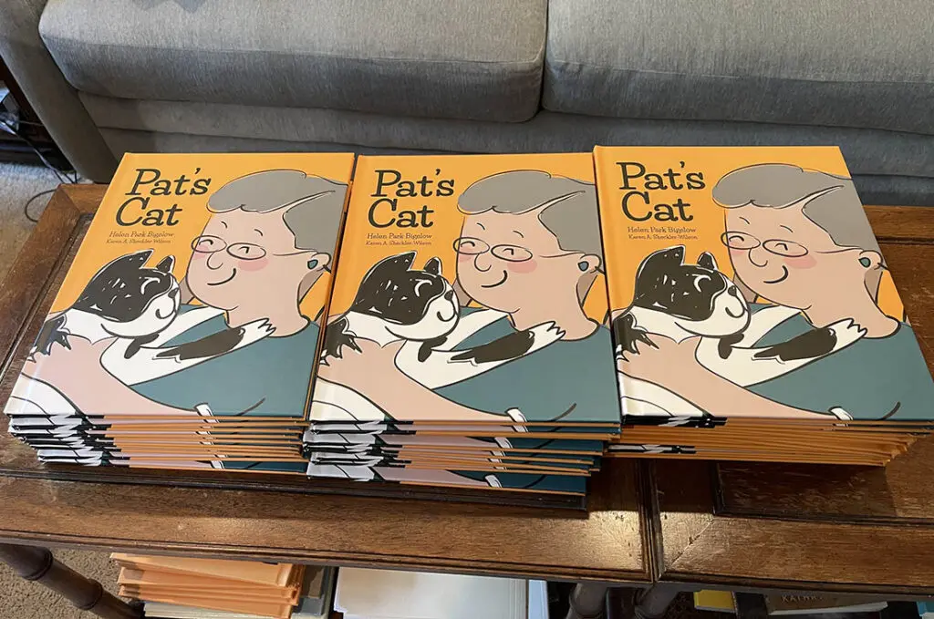 Never Stop Writing | Helen's story, stacks of Pat's Cat, a childrens book