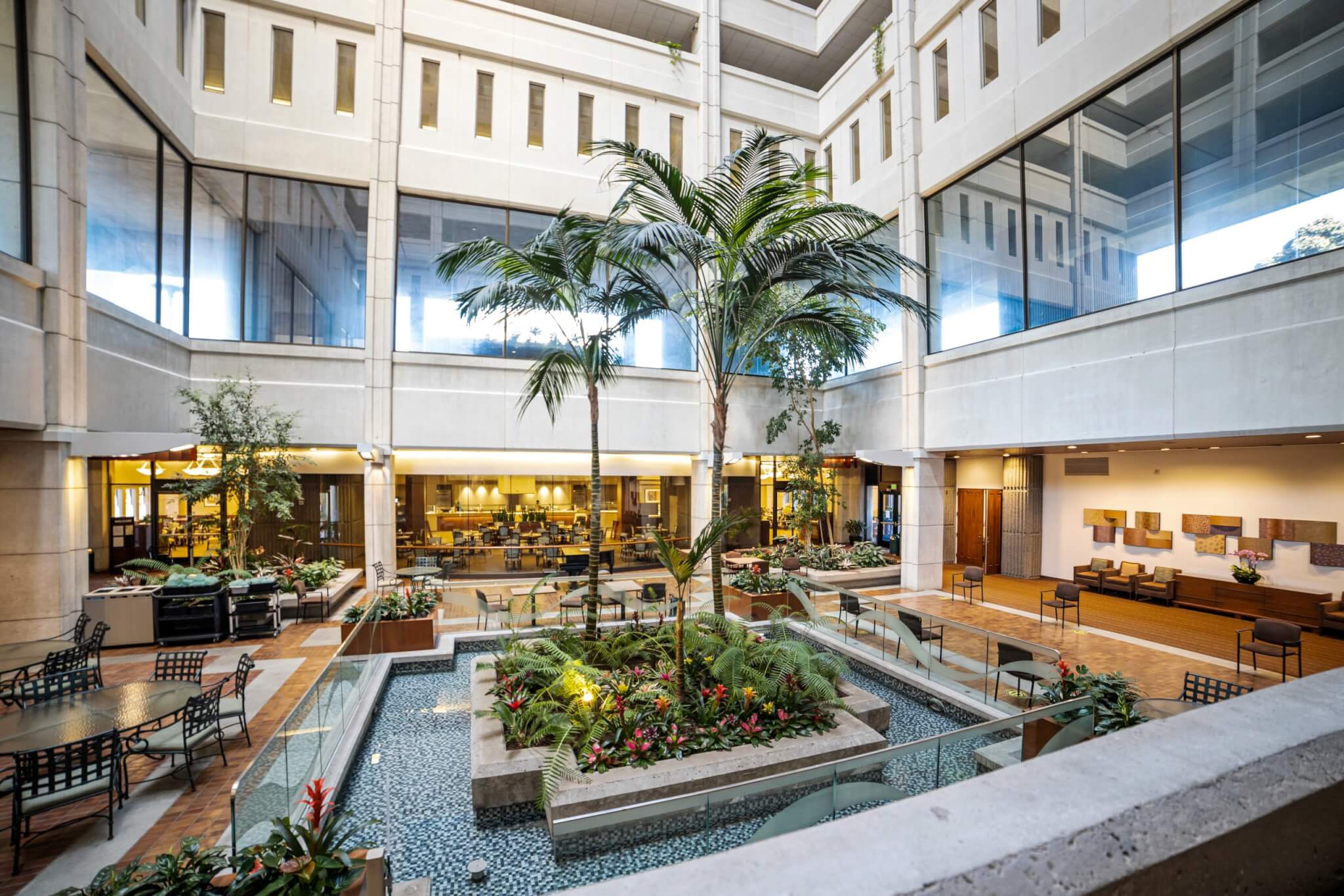 Interior of the San Francisco Sequoia building with palm trees