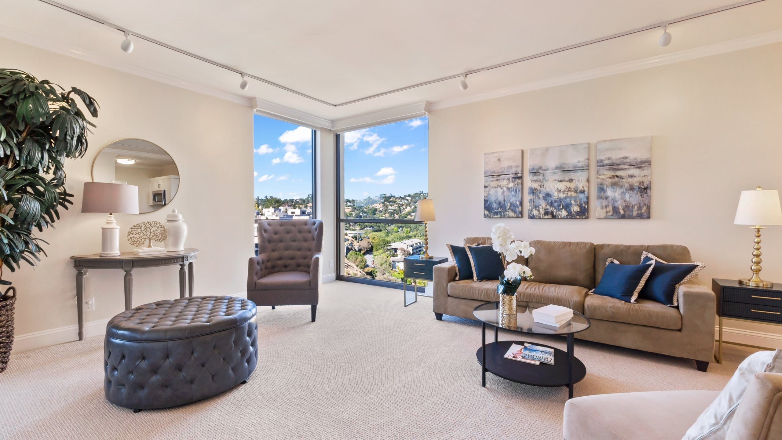 living room in an apartment at a life plan community, The Tamalpais Marin. One Bedroom, Two Baths | The Tamalpais