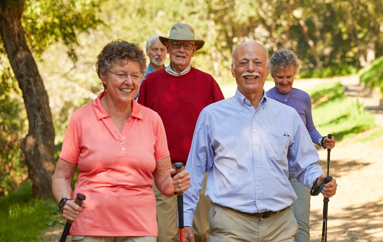 The Tamalpais Marin neighborhood. Group of elderly people on a hike.