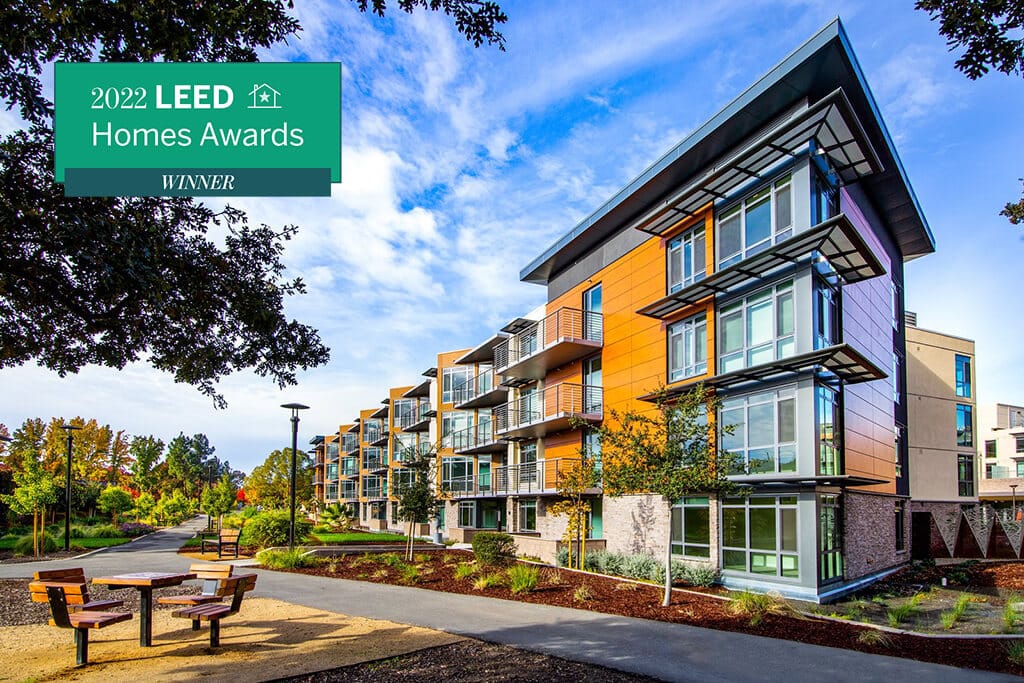 Viamonte LEED Award Winner 2022. Exterior of Viamonte at walnut creek. 2022 LEED Homes Awards Winner.
