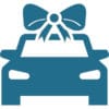 blue logo of car with bow on top