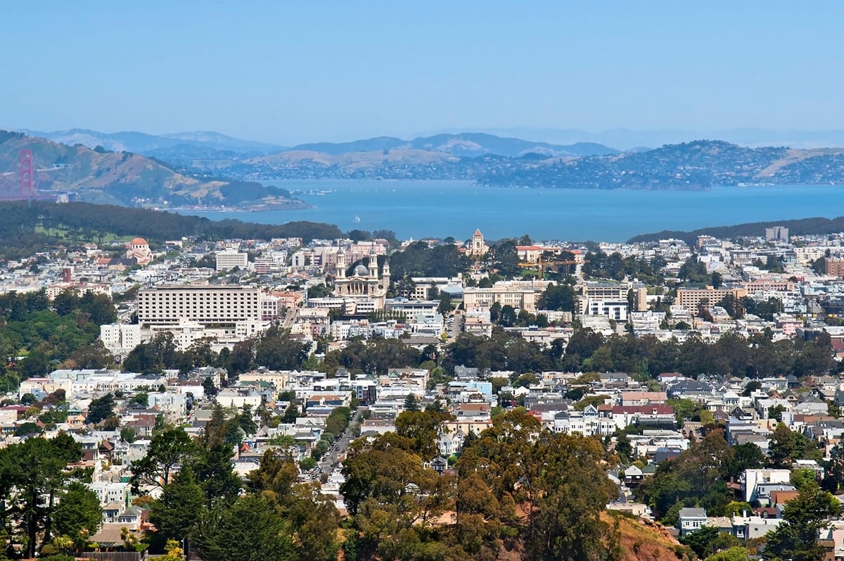 Sausalito. Aerial view of downtown and the bay in the distance.