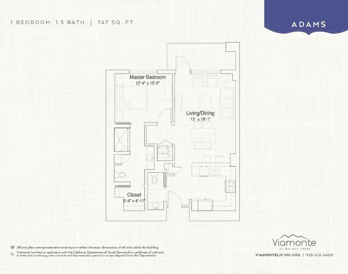 Adams unit floor plan. 1 bedroom, 1.5 bath. 747 square feet.