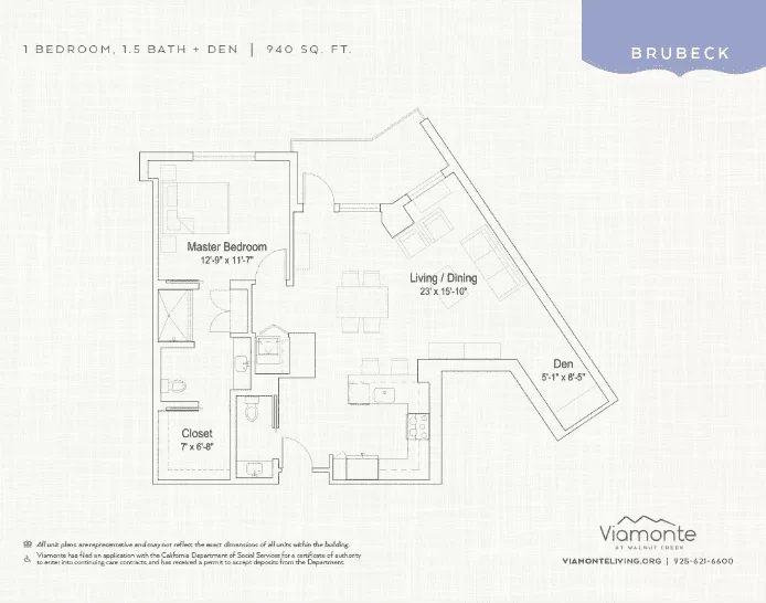 Brubeck unit floor plan. 1 bedroom, 1.5 bath plus den. 940 square feet.