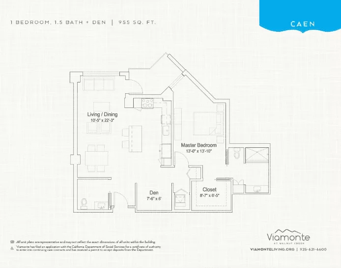 Caen unit floor plan. 1 bedroom, 1.5 bath plus den. 955 square feet.