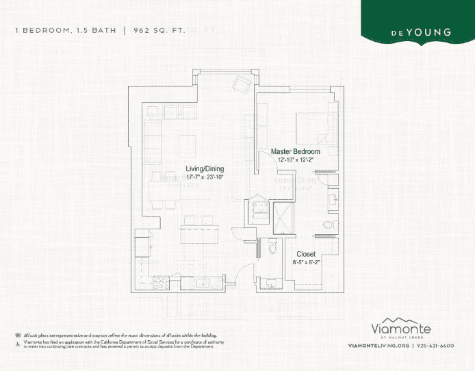 DeYoung unit floor plan. 1 bedroom, 1.5 bath. 962 square feet.