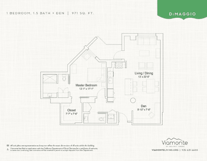 DiMaggio unit floor plan. 1 bedroom, 1.5 bath plus den. 971 square feet.