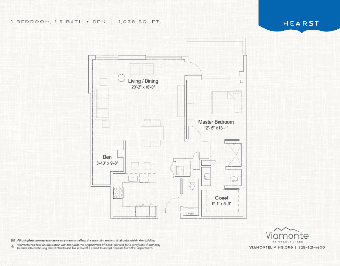Hearst unit floor plan. 1 bedroom, 1.5 bath plus den. 1,038 square feet.