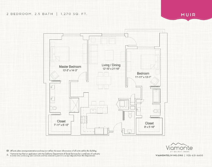 Muir unit floor plan. 2 bedroom, 2.5 bath. 1,270 square feet.