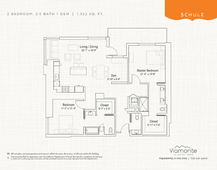 Schulz unit floor plan. 2 bedroom, 2.5 bath plus den. 1,322 square feet.