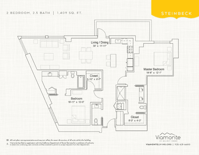 Steinbeck unit floor plan. 2 bedroom, 2.5 bath. 1,409 square feet.
