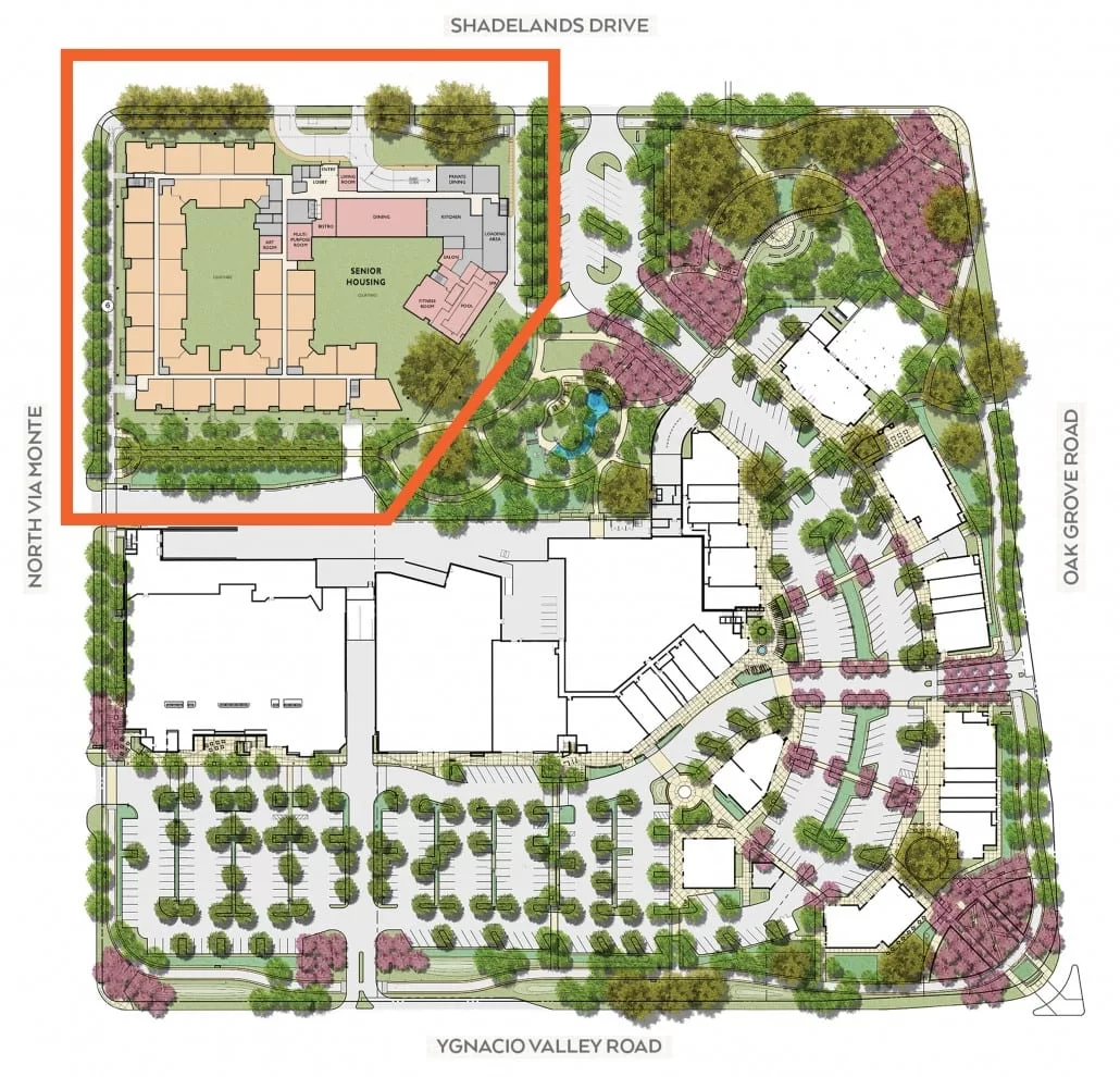 Map of Viamonte Walnut Creek campus. Highlighted section showing senior housing. At the top is Shadelands Drive. On the right is Oak grove Road. On the left is North Viamonte. On the bottom is Ygnacio Valley Road.