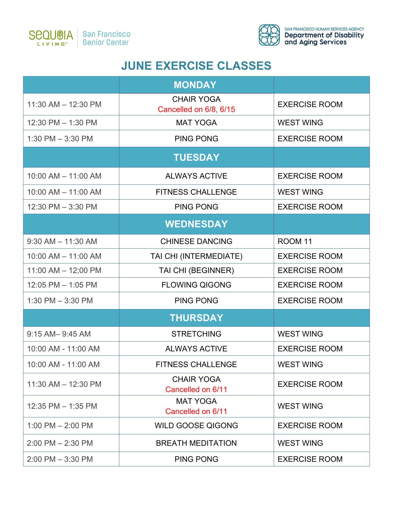 Exercise Class English Schedule June