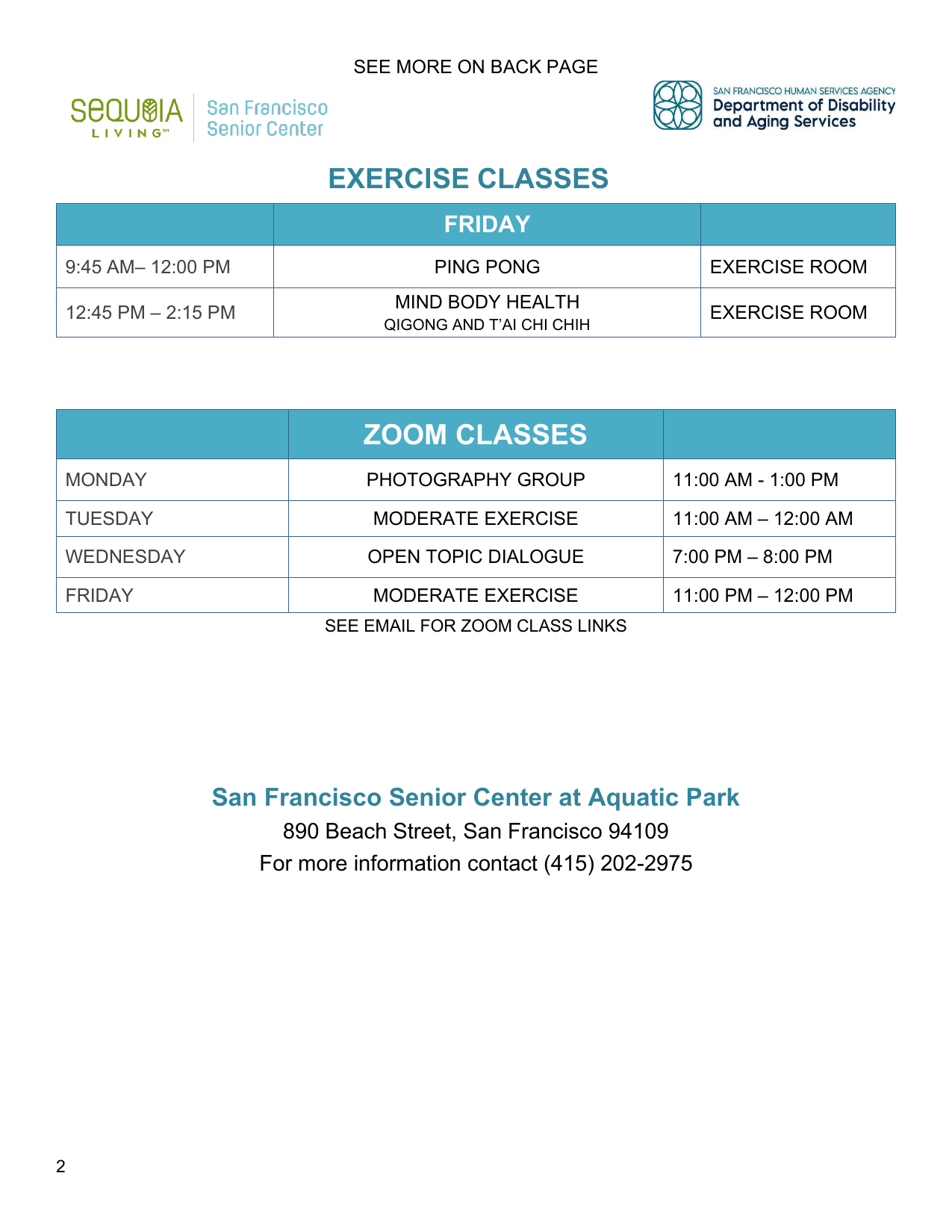 Exercise Class English Schedule June