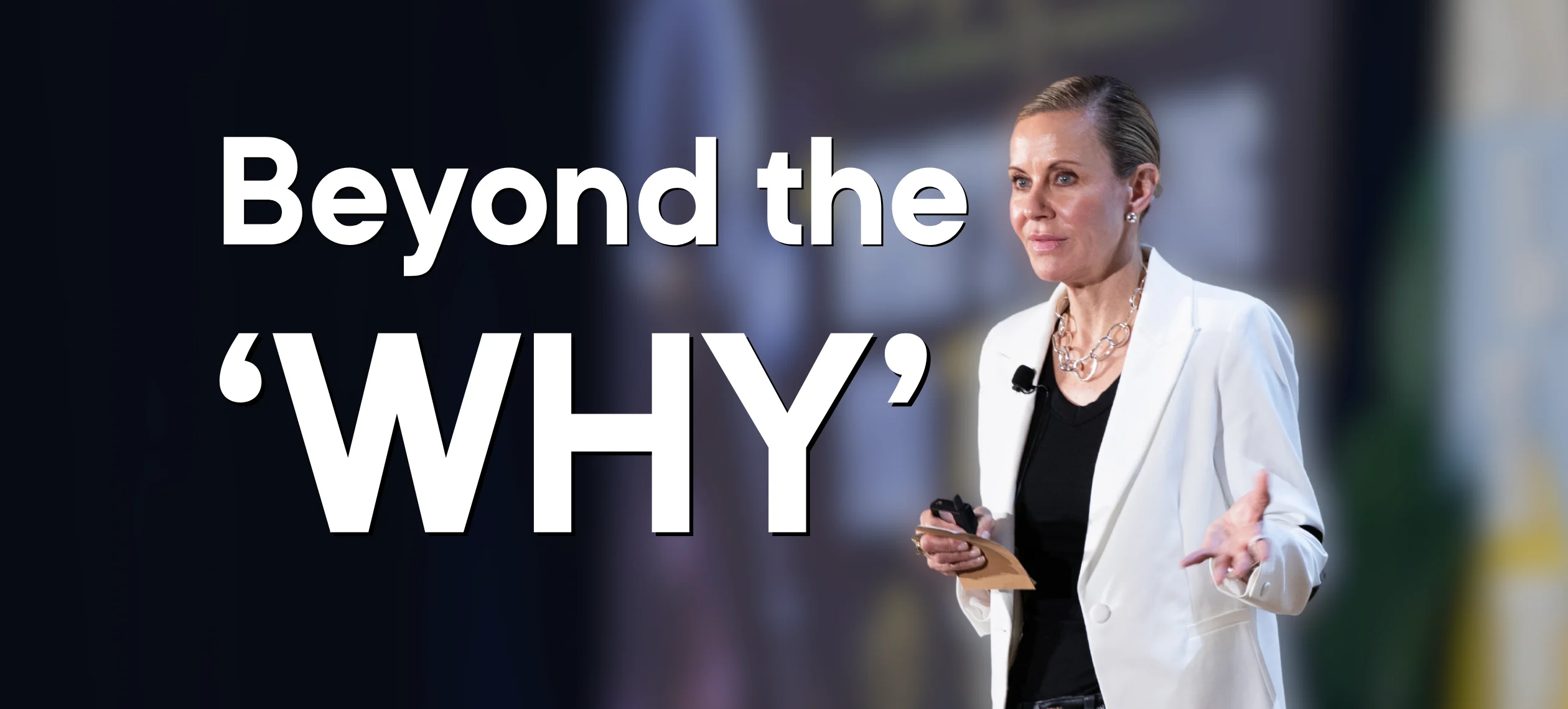 Sara McVey, President and CEO of Sequoia Living, speaking on stage during the Senior Living Innovation Forum beneath the presentation title "Beyond the 'WHY'."