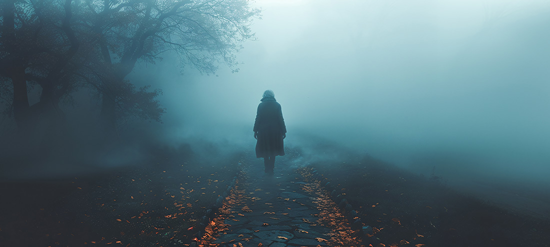 The Spooky Side Effects of Not Planning Ahead Sequoia Living The Spooky Side Effects of Not Planning Ahead Sequoia Living | A lone figure in a dark coat walks along a leaf-covered path surrounded by trees and dense blue fog, creating an eerie, mysterious atmosphere